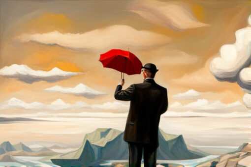 איש במעיל שחור עם מטריה אדומה - Sam Baruch