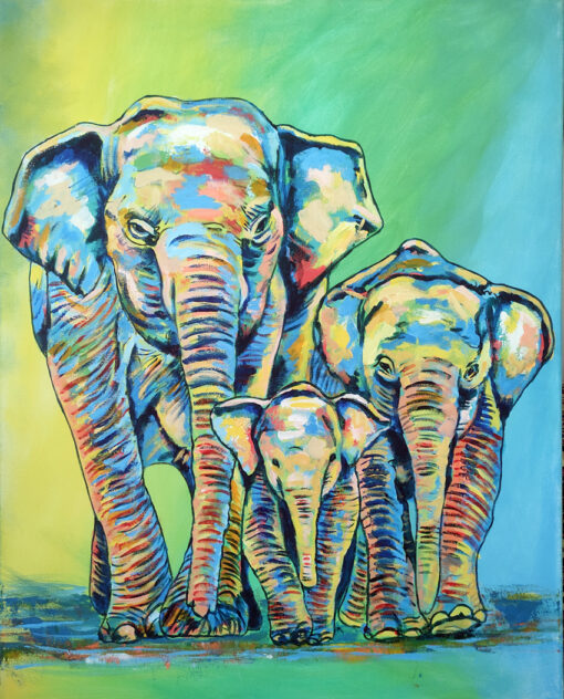 “P לים” ציור פילים צבעי אקריליק על בד קנבס גודל 100X80 - מיכאל הרצל דוסטר