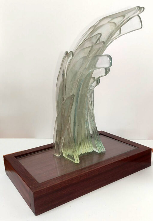 משבר (גל ים ושברים) זכוכית פיוזינג ומסגרת עץ מהגוני - מיכאל הרצל דוסטר